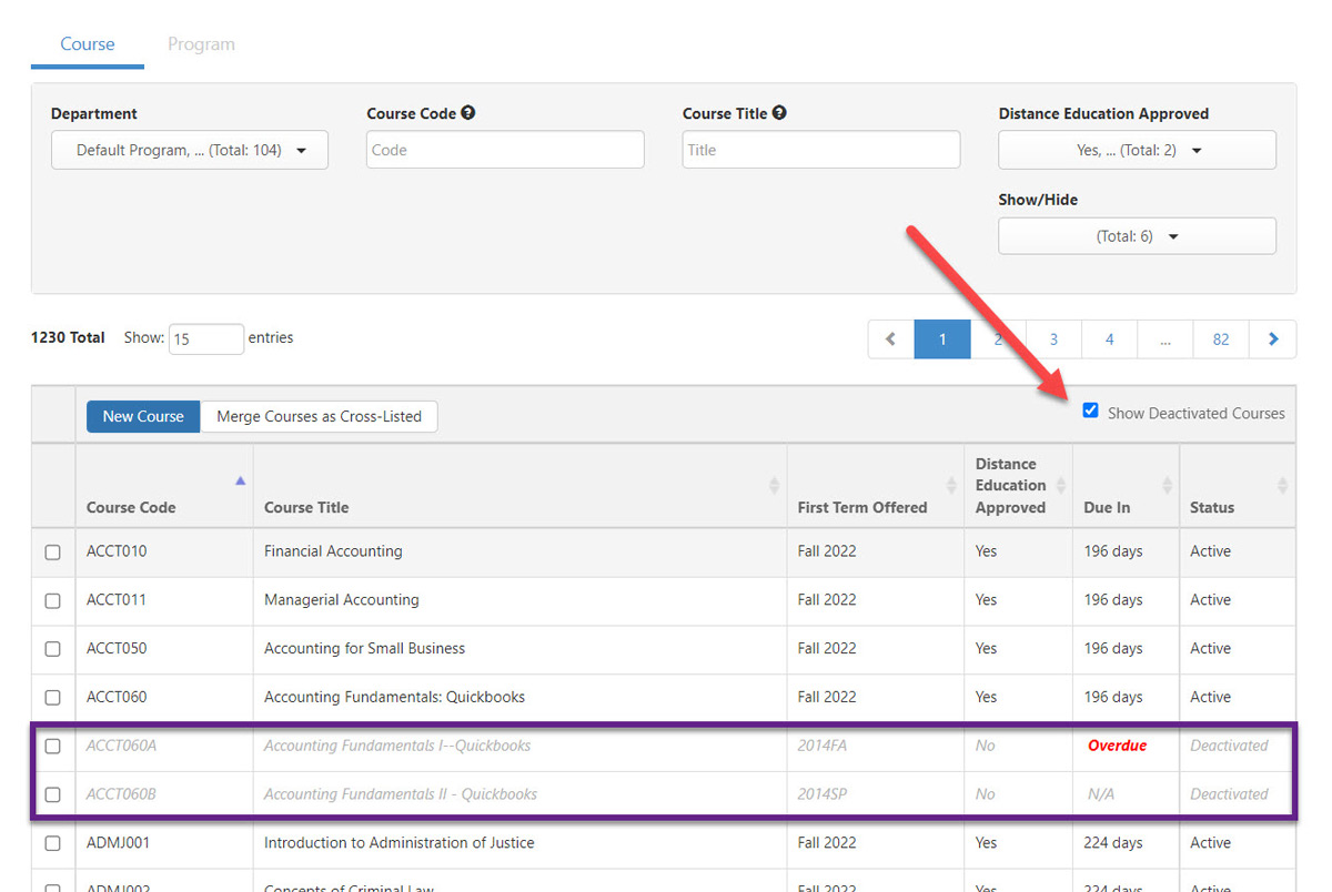 How to see deactivated courses in the library