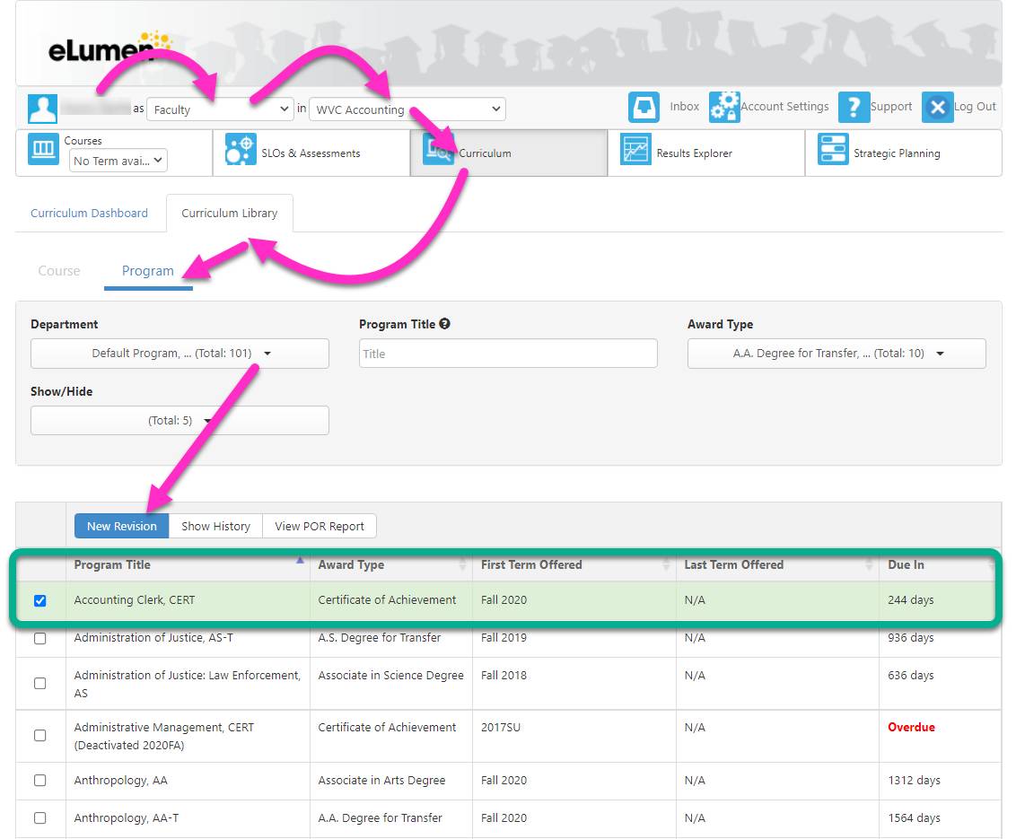 Screenshot of program revision in eLumen