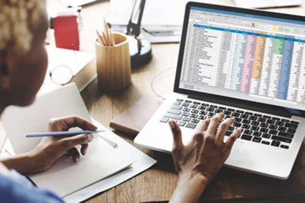 Female looking at spreadsheet on laptop